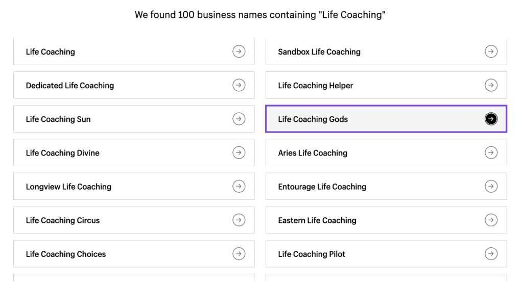 Screenshot of generated life coaching business name examples from Shopify