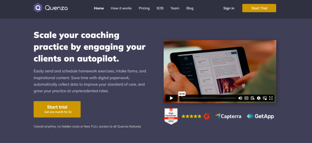Quenza coaching platform homepage screenshot