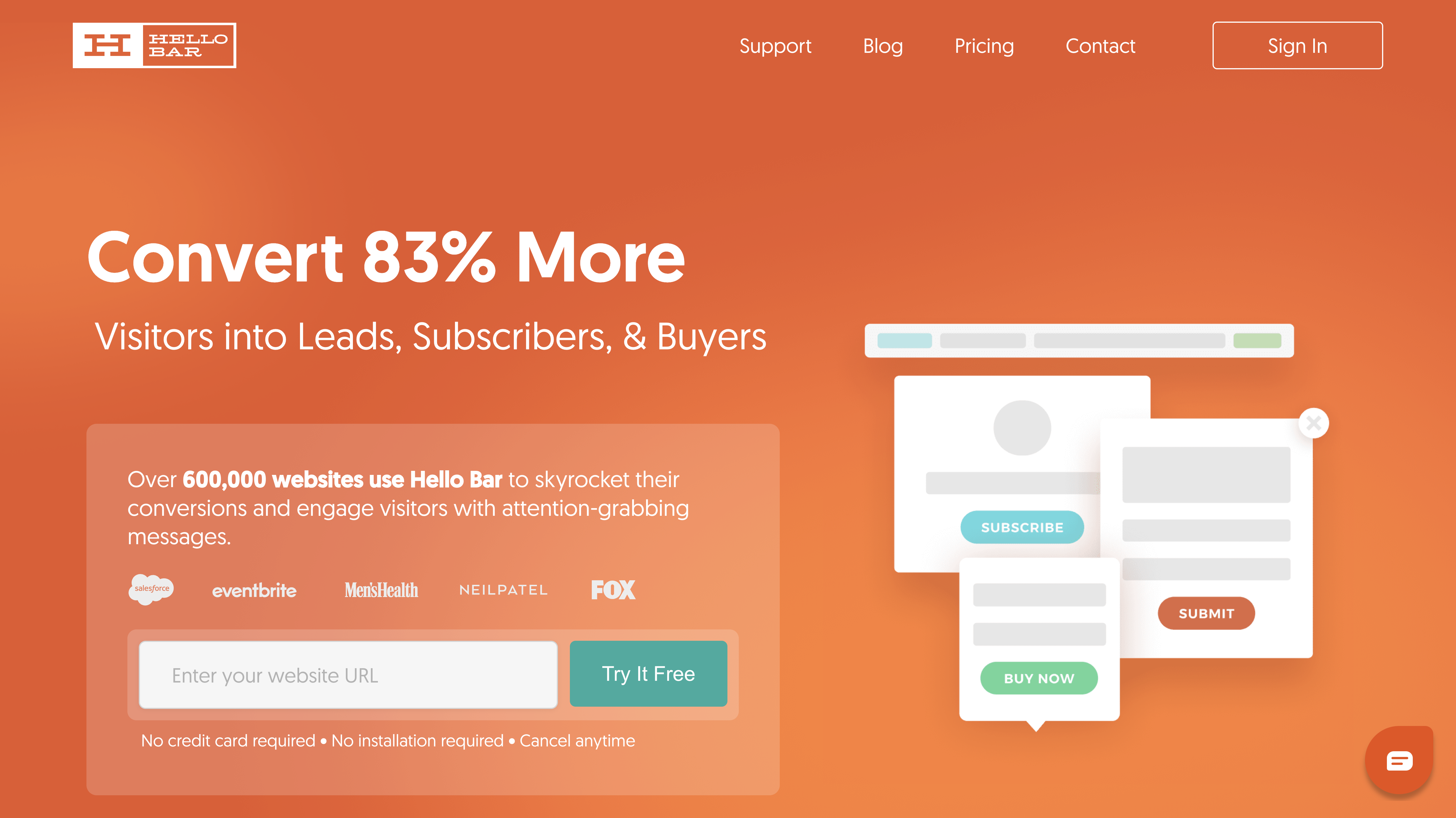 Screenshot of the Hello Bar homepage.