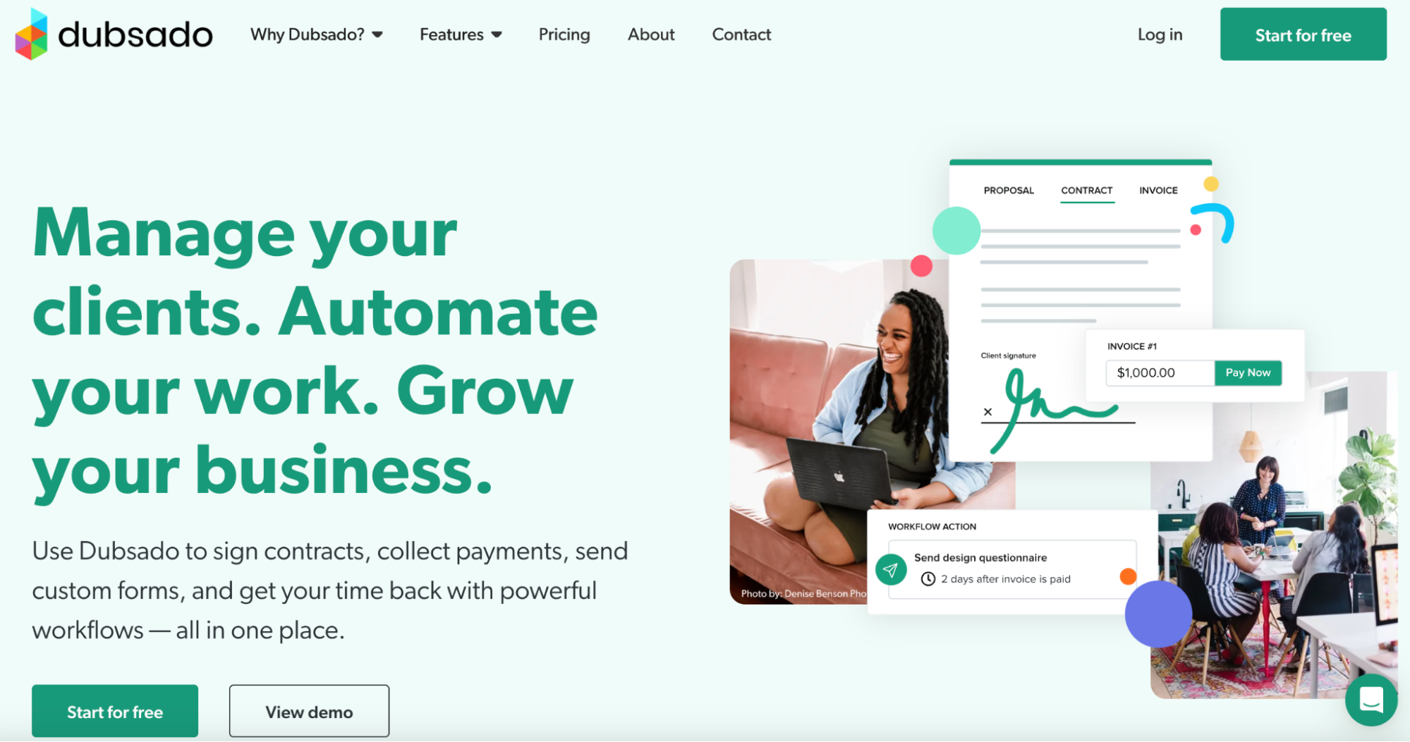 Screenshot of the Dubsado homepage.