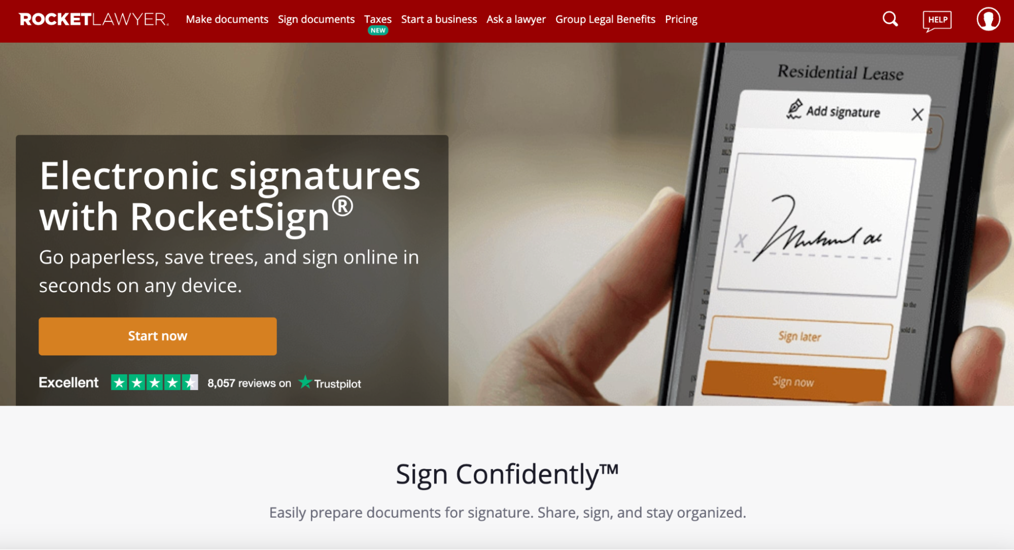 Screenshot of the RocketSign landing page on RocketLawyer.com