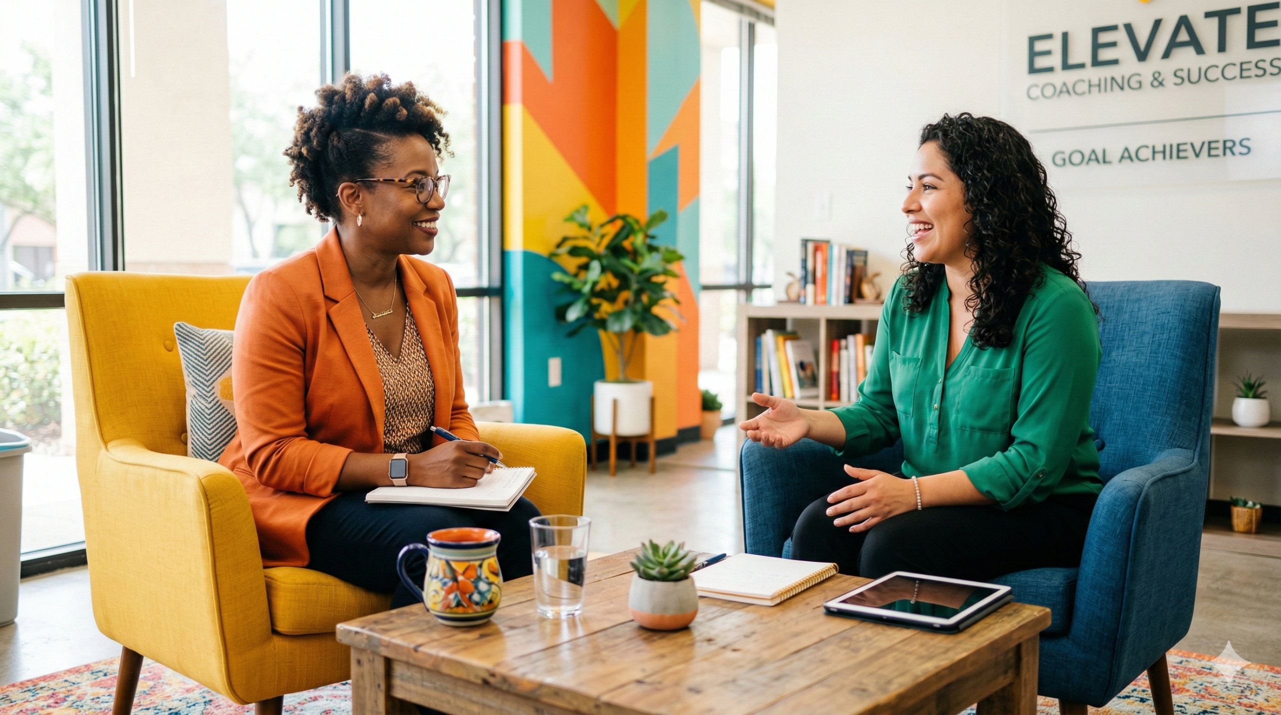 A professional business coach sits with her client, both are comfortably sitting in chairs, having a conversation about coaching trends in 2026.